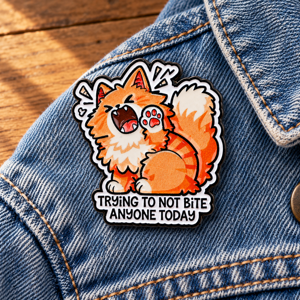 Trying To Not Bite Anyone Today enamel pin on denim