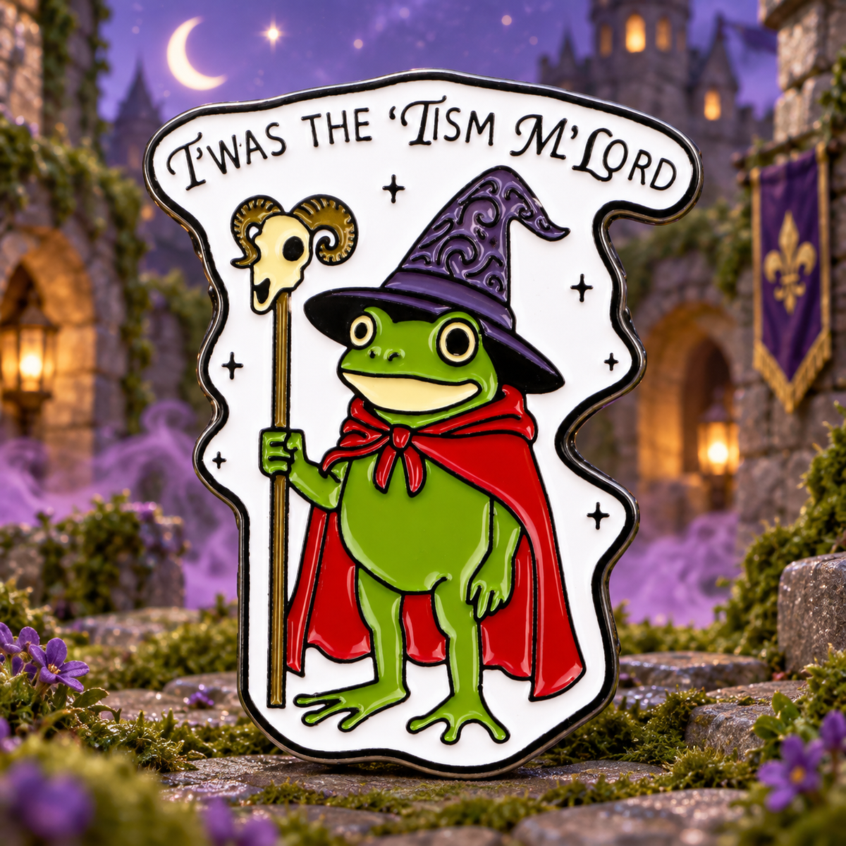Wizard frog pin in a magical castle courtyard