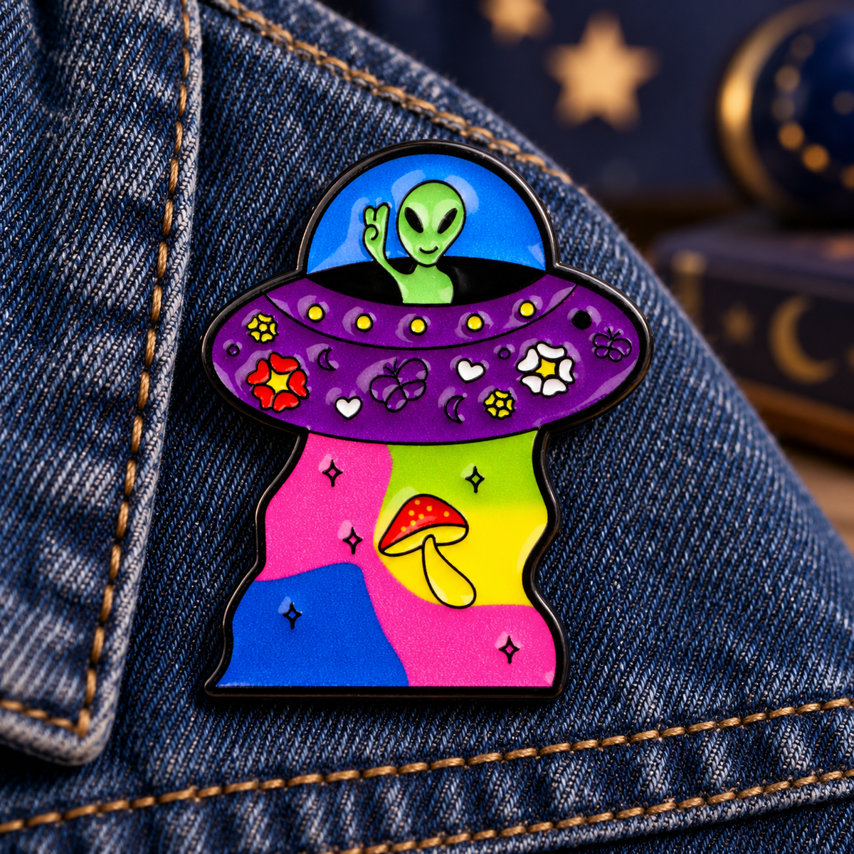 UFO Alien Rainbow enamel pin on dark denim