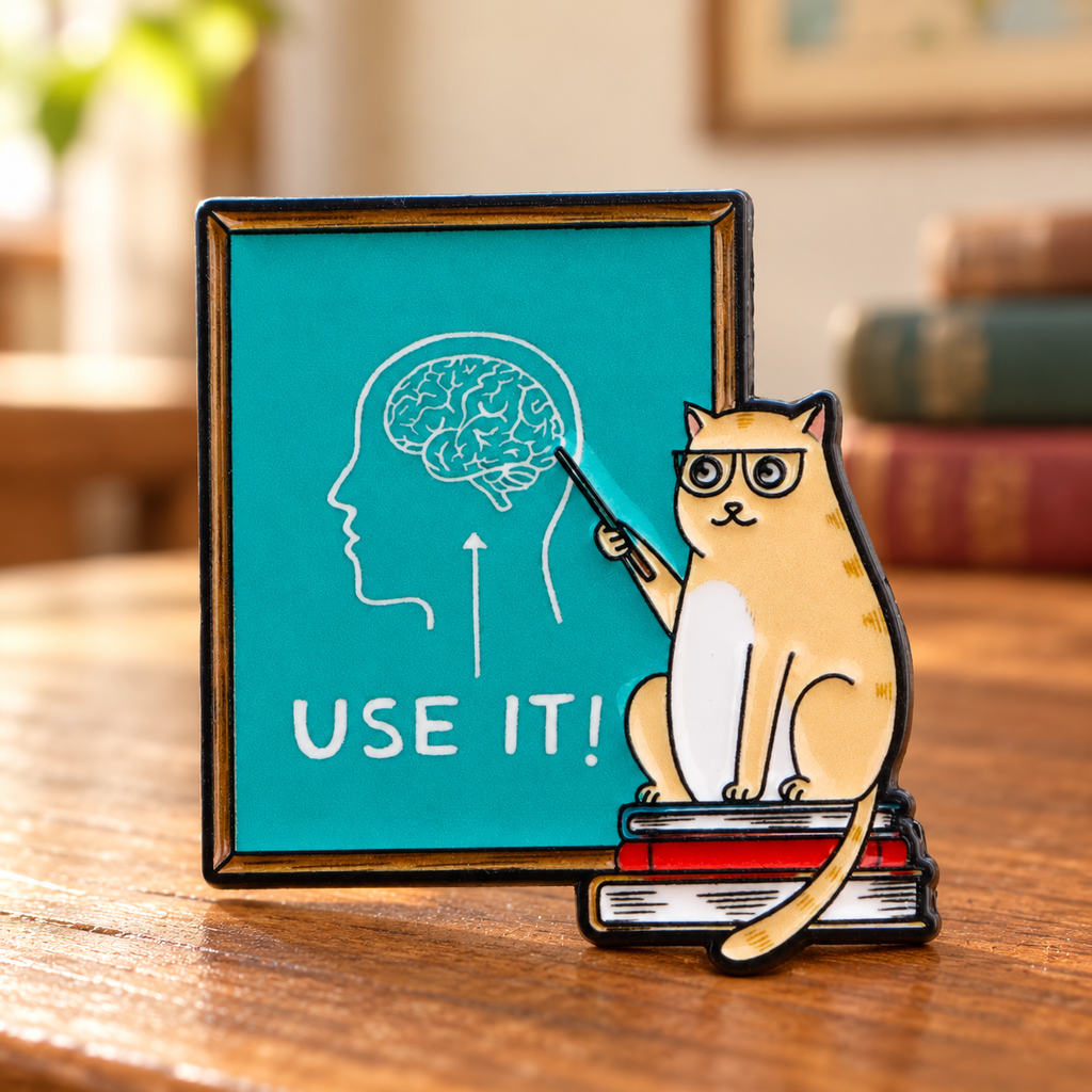 Use It Brain Blackboard Cat enamel pin in a warm classroom setting