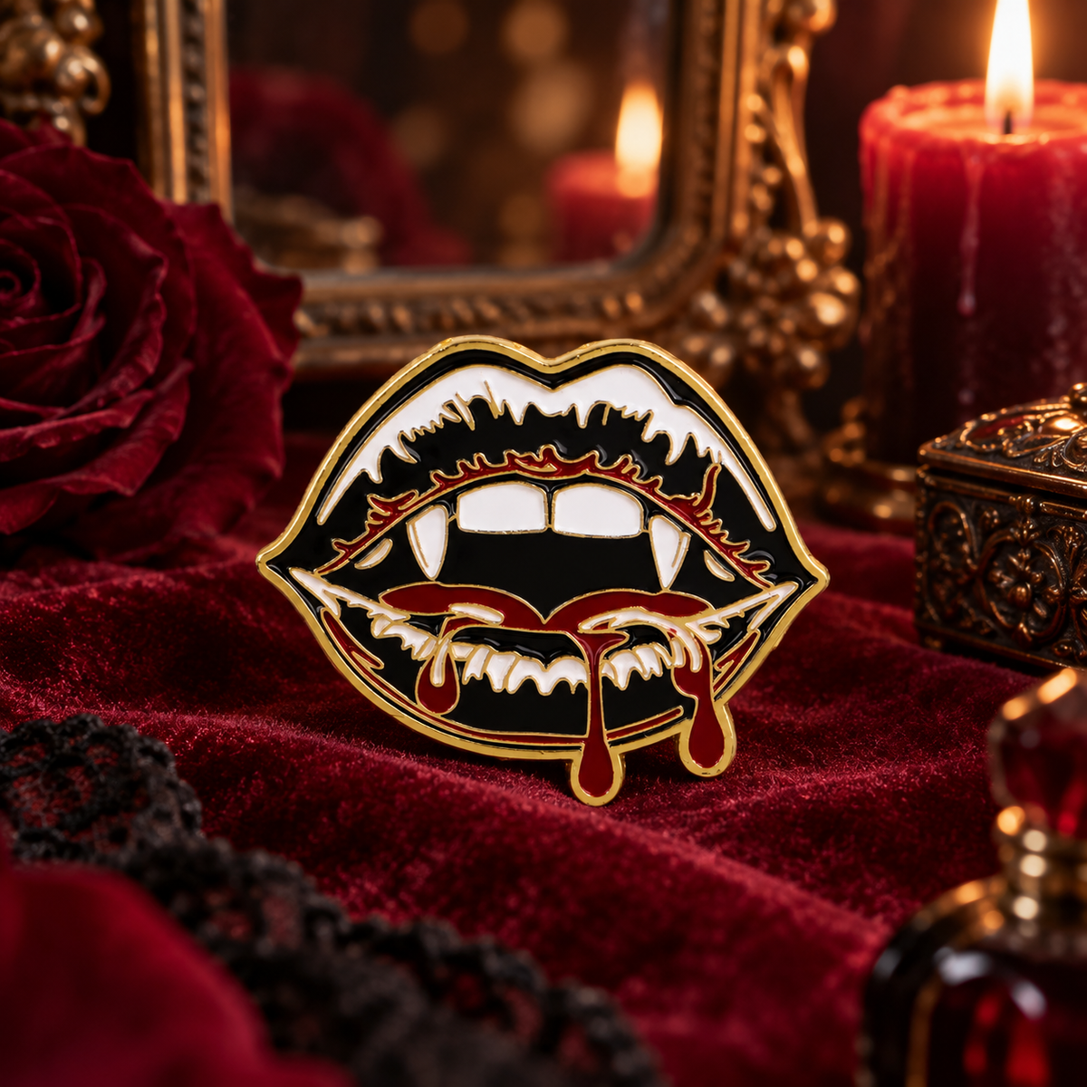 Vampire's Lips Pin on a themed spooky background