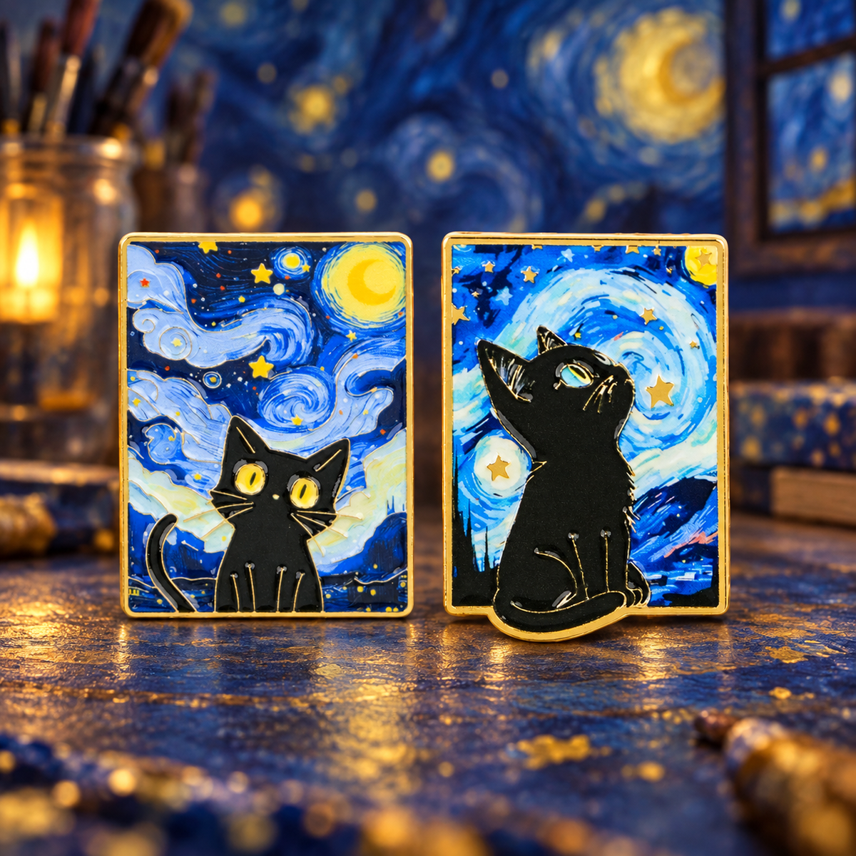 Van Gogh-Inspired Black Cat Pins — styled product photo