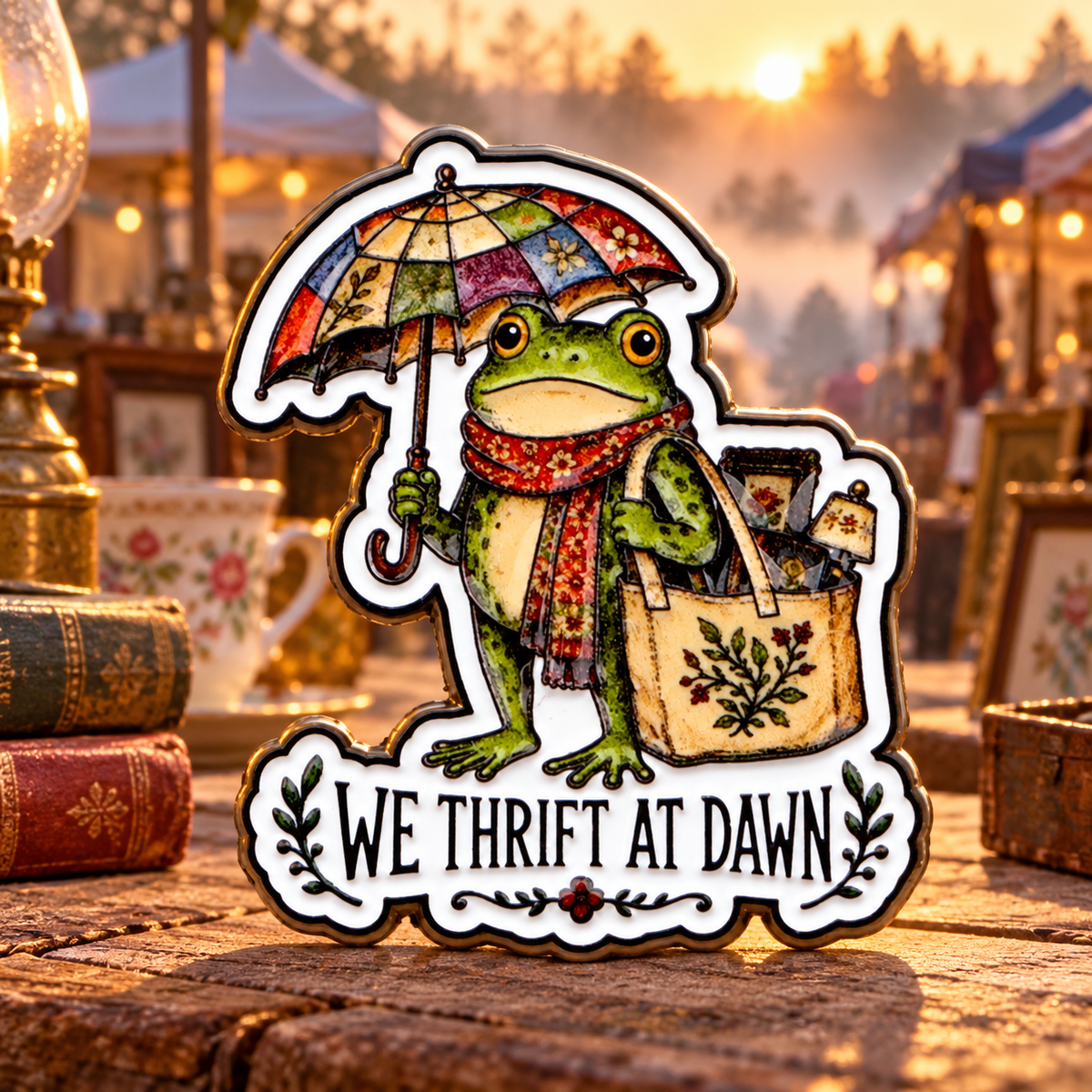 We Thrift at Dawn Frog Pin on a vintage thrift-market background