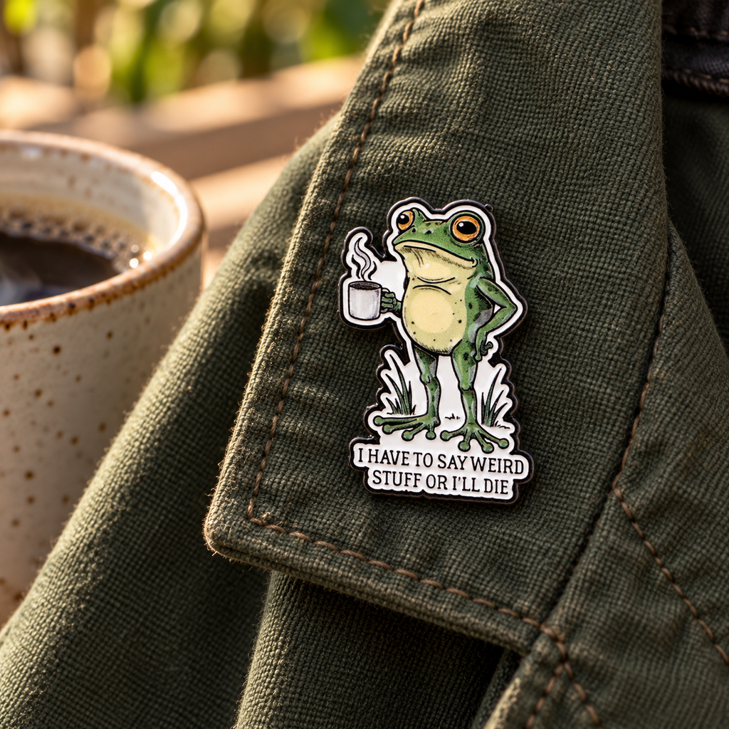I Have To Say Weird Stuff frog enamel pin on a green jacket