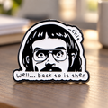 Well Back to It Then Portrait enamel pin on a warm office desk