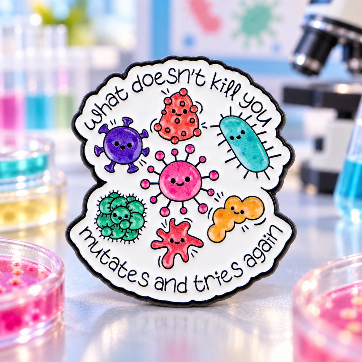 What Doesn't Kill You Mutates and Tries Again pin against a colorful microbiology lab backdrop