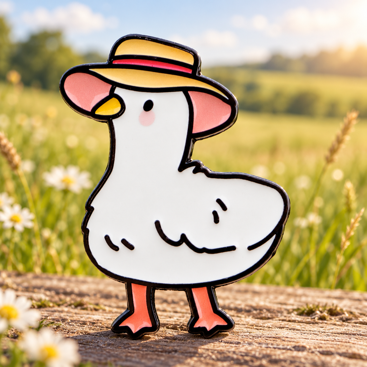 White Goose in a Straw Hat Pin in a sunny meadow