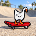 White Goose on a Skateboard enamel pin at a sunny skatepark