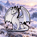 White Winged Dragon enamel pin against snowy fantasy mountains
