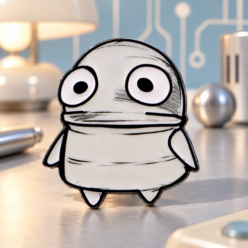 Wide-Eyed Little Robot Pin on a soft retro-futurist desk