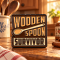 Wooden Spoon Survivor enamel pin against a warm nostalgic kitchen backdrop