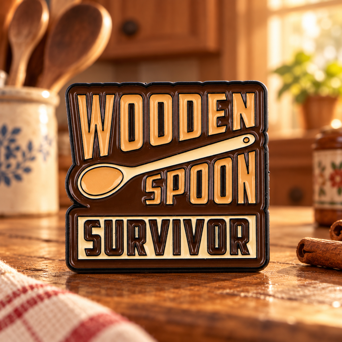 Wooden Spoon Survivor enamel pin against a warm nostalgic kitchen backdrop
