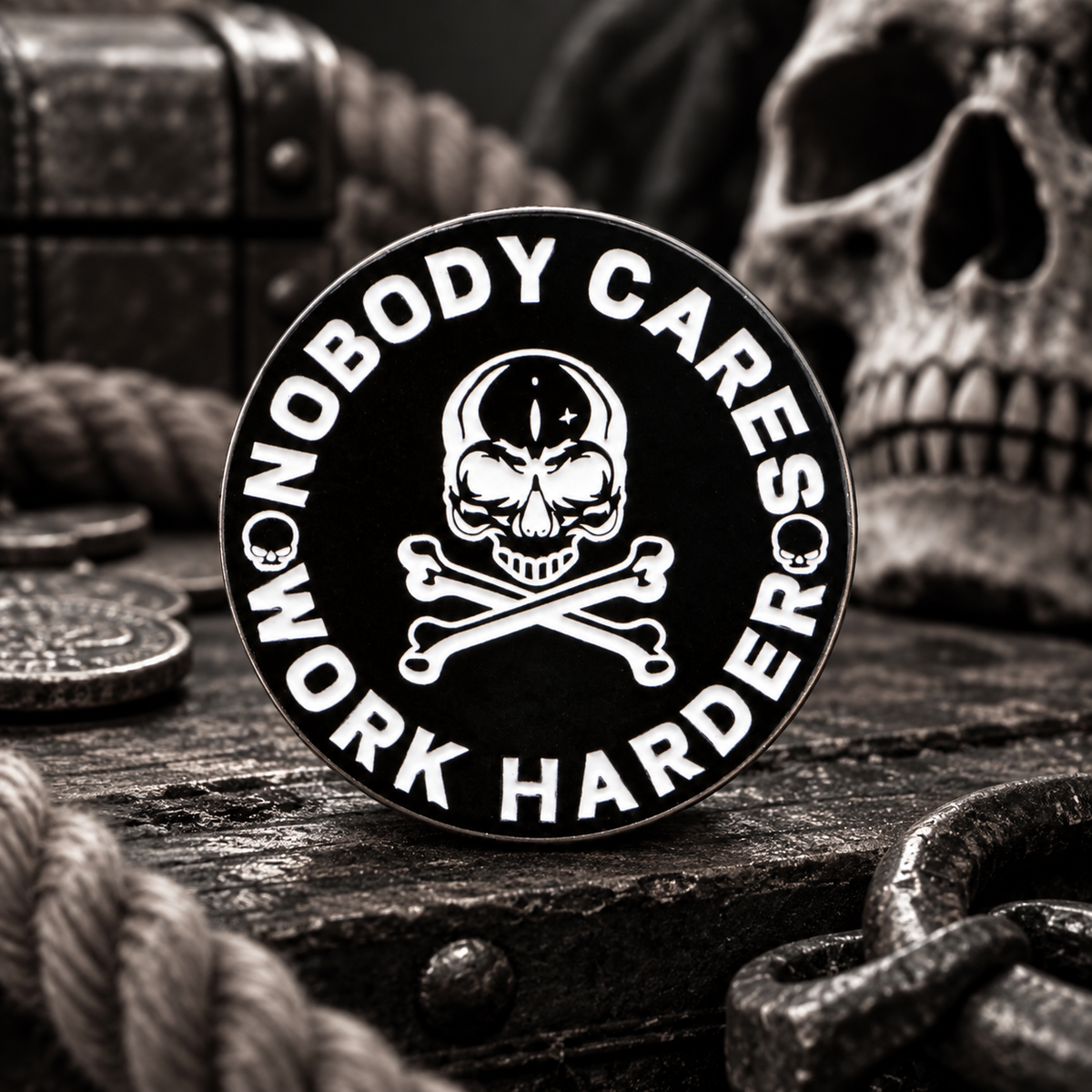 "Work Harder" Pin on a themed spooky background