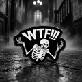WTF Skeleton Pin on a themed spooky background