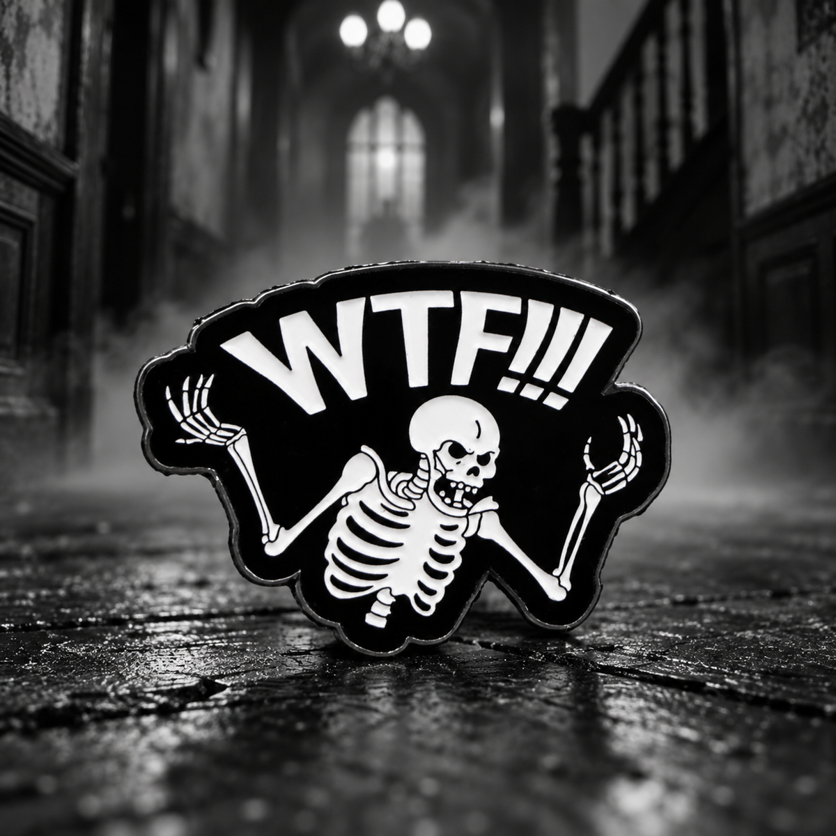 WTF Skeleton Pin on a themed spooky background