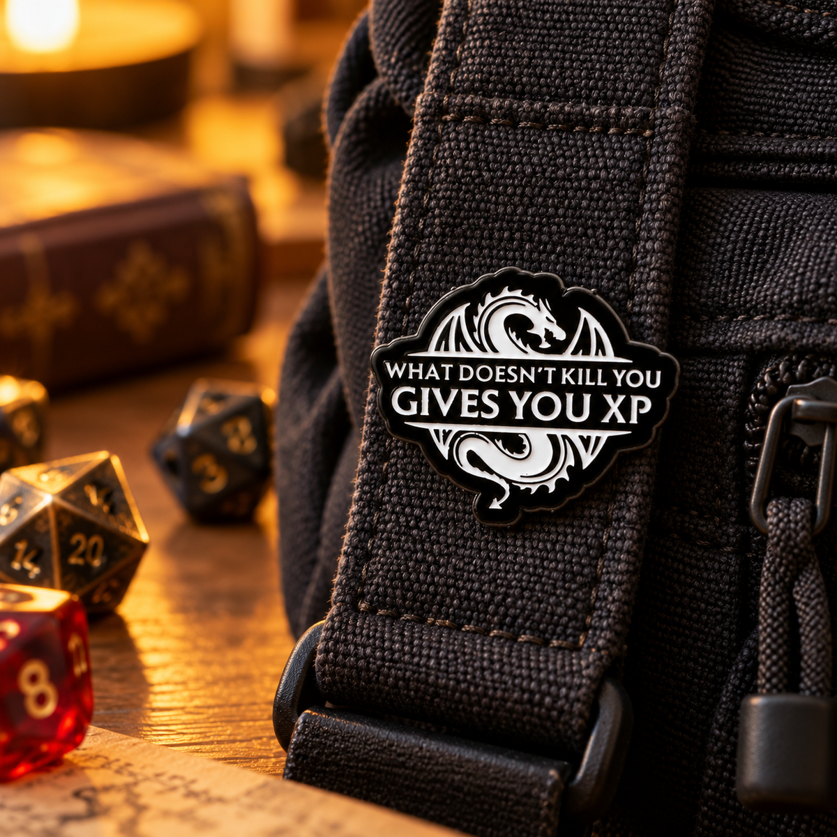 What Doesn't Kill You Gives You XP enamel pin on a gaming backpack
