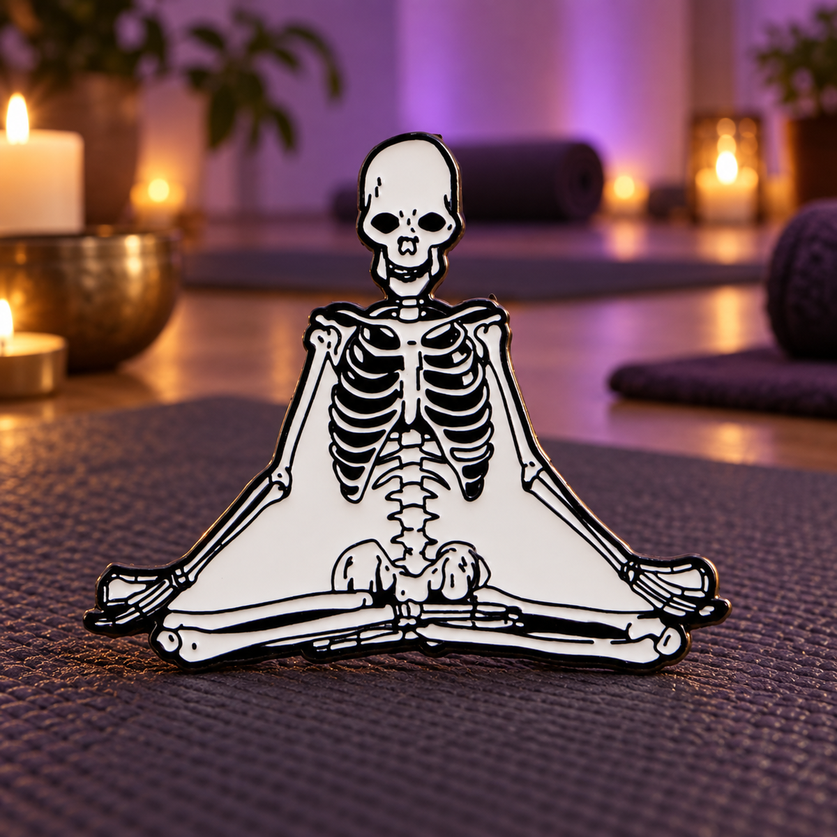 Yoga Skeleton Pin enamel pin on a themed background