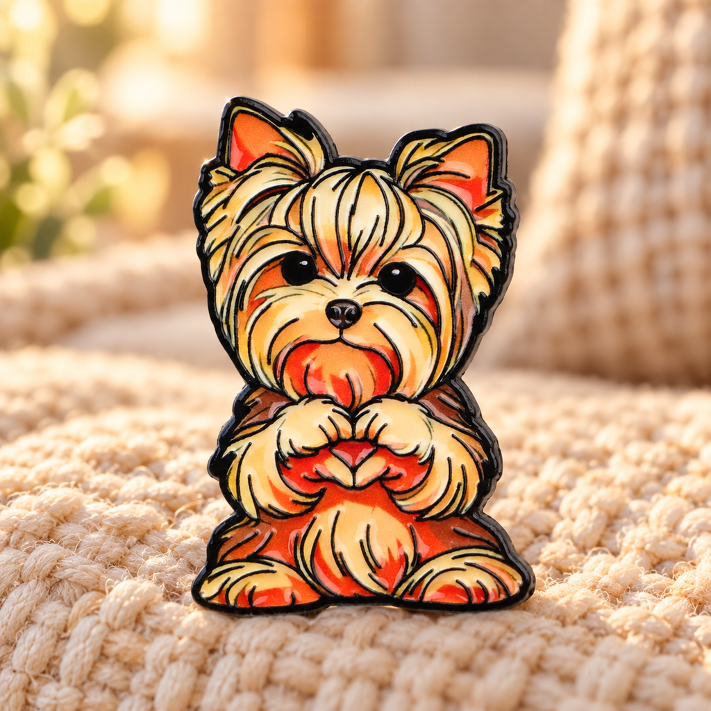 Yorkshire Terrier enamel pin on a warm woven cushion