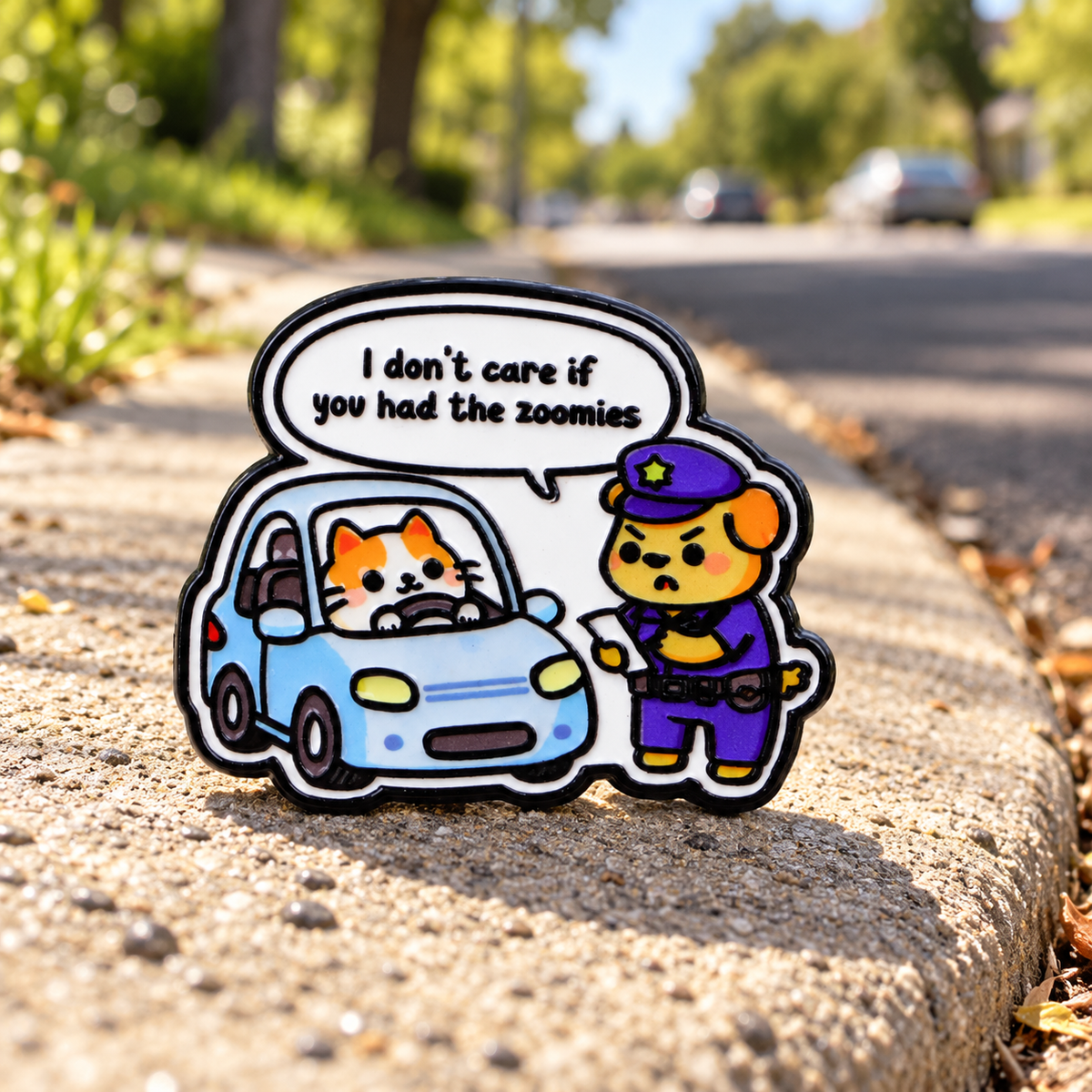 I Don't Care If You Had the Zoomies Pin by a neighborhood road